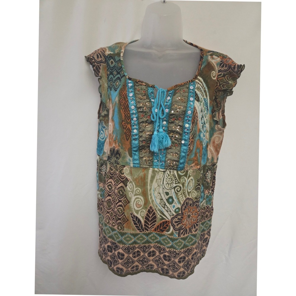 Y2K Boho Mixed Print Embroidered Sequin Tassel Top Teal Olive‎ Small